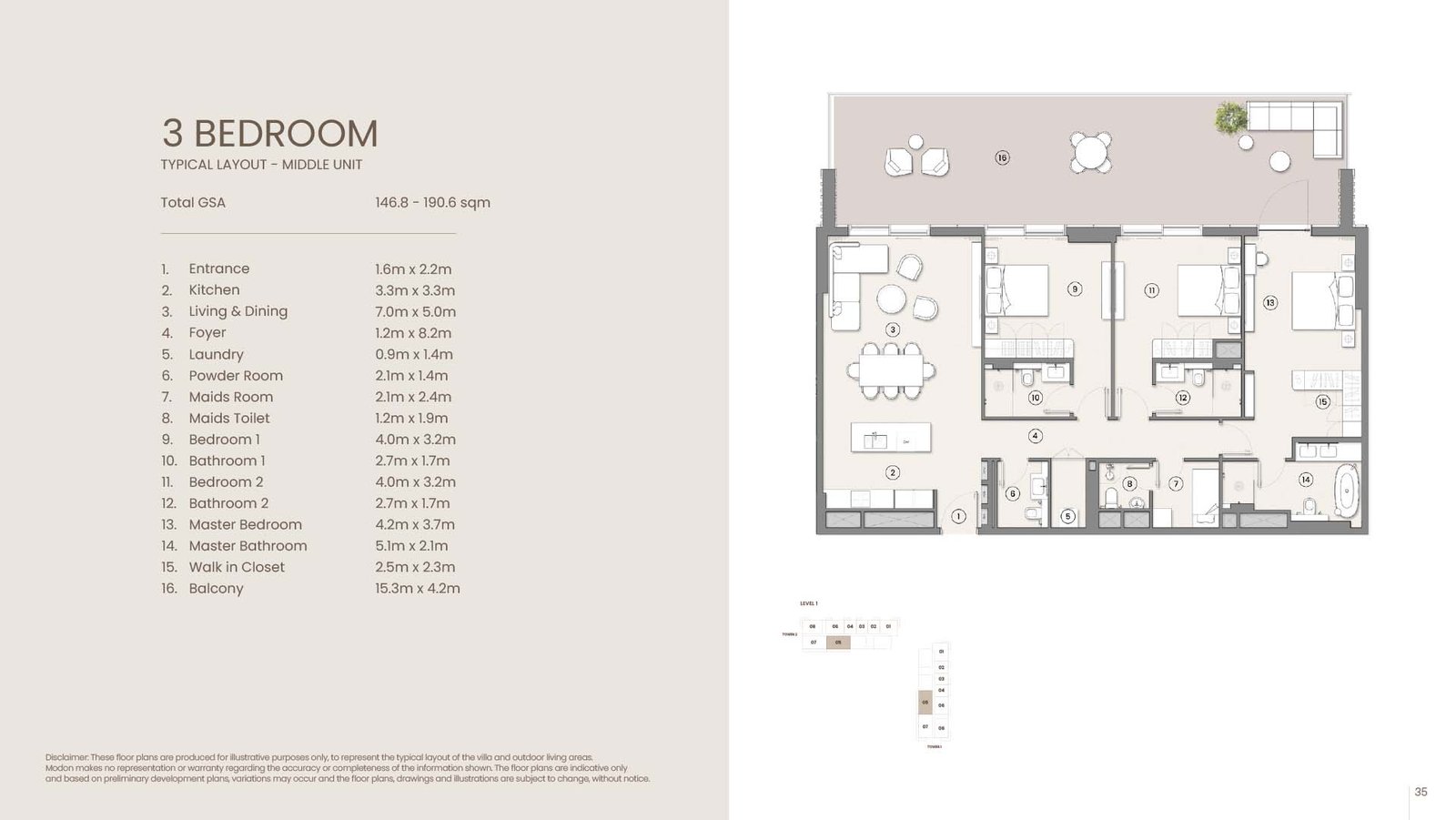 modern 3 bedroom apartment layout at Tara Park by Modon Abu Dhabi floor plan