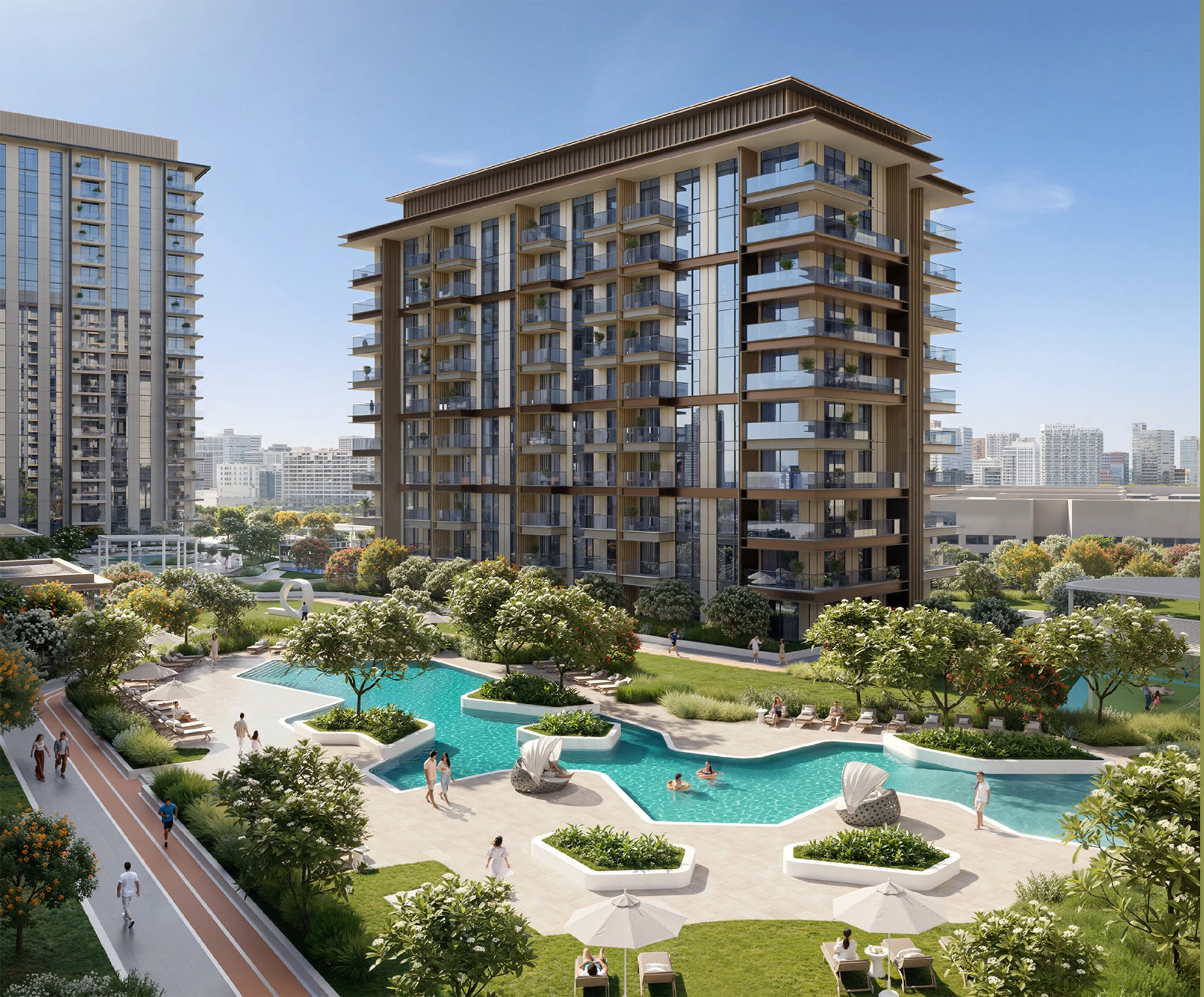 Tara Park by Modon residential building with landscaped gardens and swimming pool on Al Reem Island Abu Dhabi